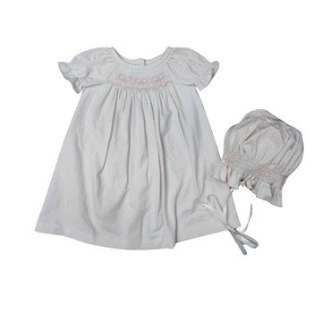 GIRLS WHITE W/PINK MINI DOT SMOVKED BOW DAYGOWN & BONNET
