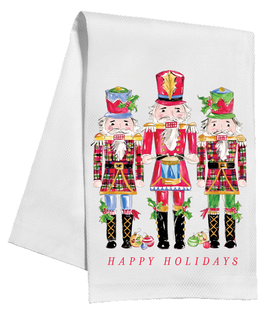 Handpainted Happy Holidays Red and Green Paid Nutcracker Tea Towel