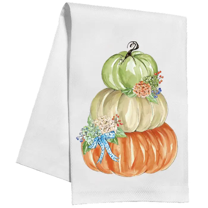 Orange Cream Green Pumpkin Stack Hydrangeas Tea Towel