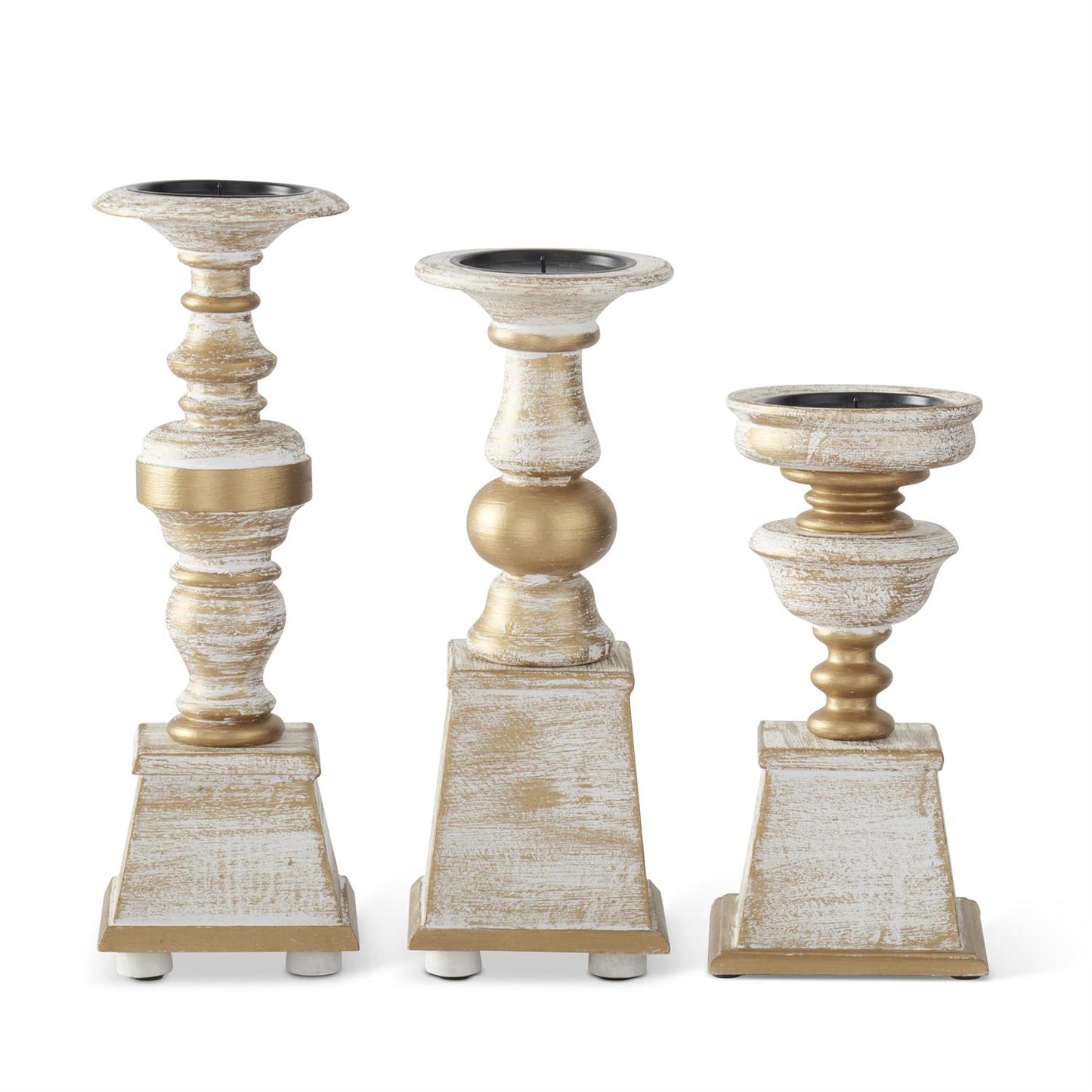 Set of 3 Whitewashed Gold Wood Candleholders