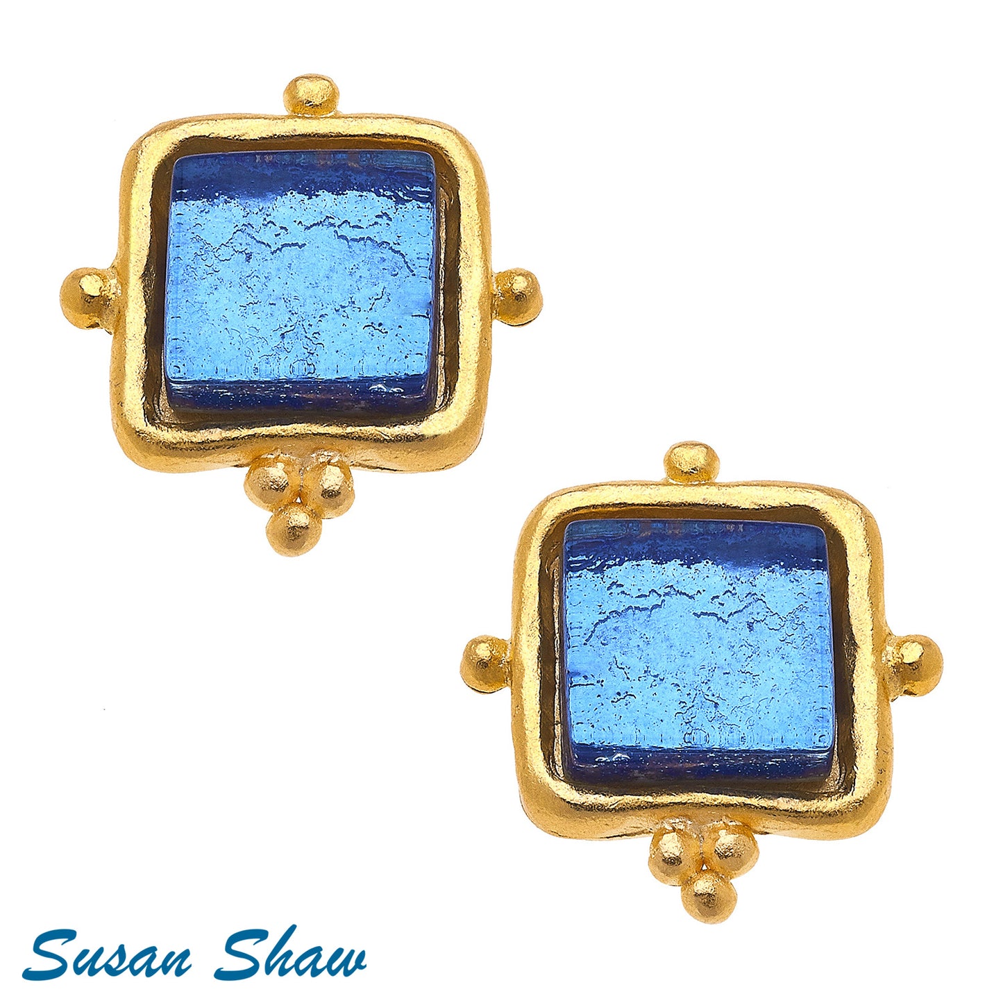 Handcast Gold with Blue French Glass Earring