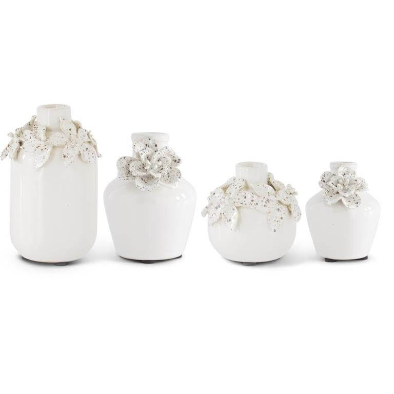 White Ceramic Vases w/Raised Flowers