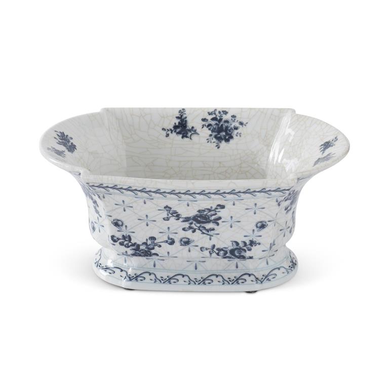 13 Inch Blue & White Floral Ceramic Oval Fluted Bowl