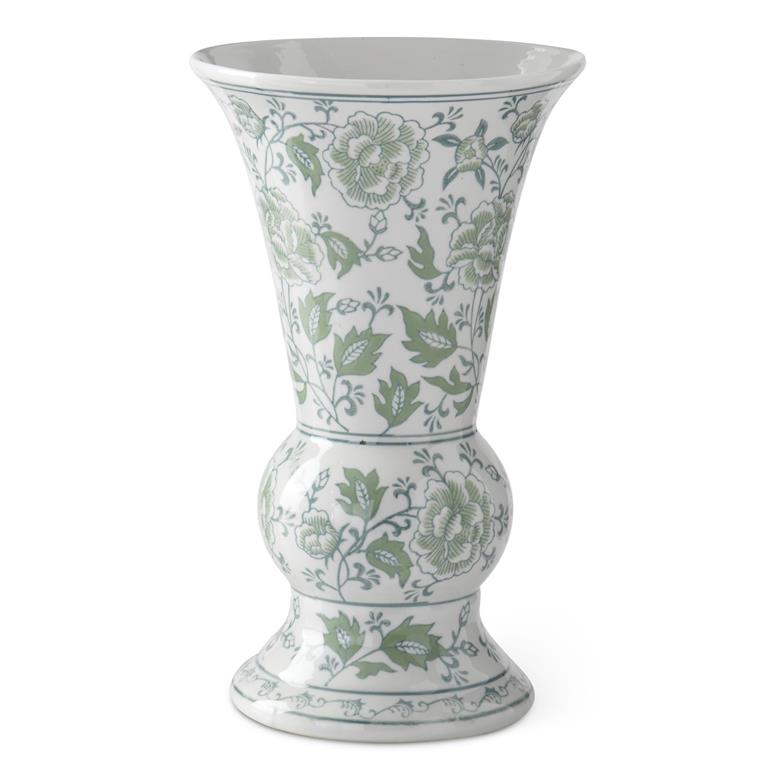 14 Inch Green & White Floral Ceramic Vase