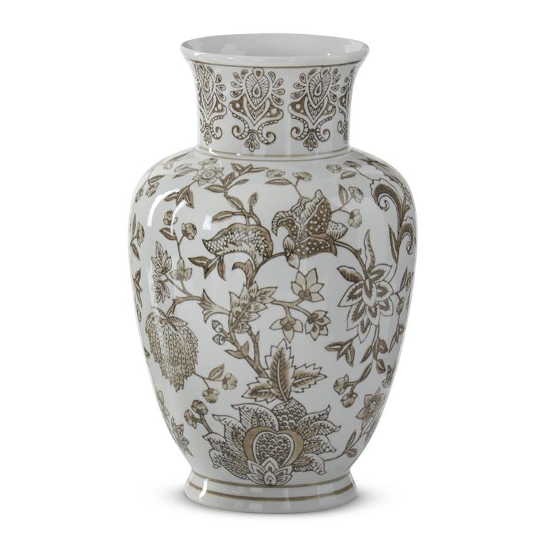11.75 Inch Taupe & White Porcelain Chinoiserie Vase