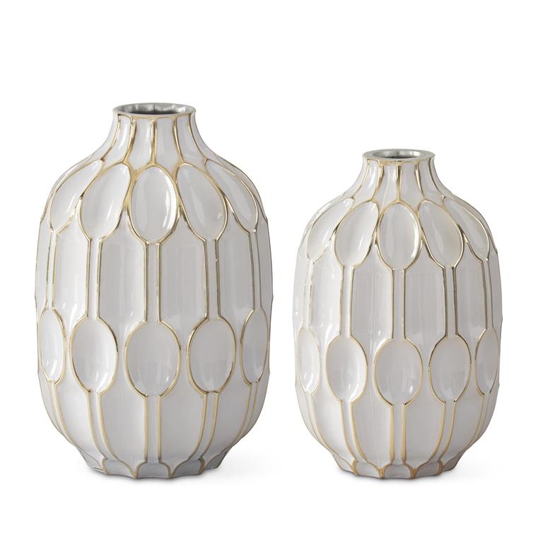 White Glass & Gold Oval Embossed Vases