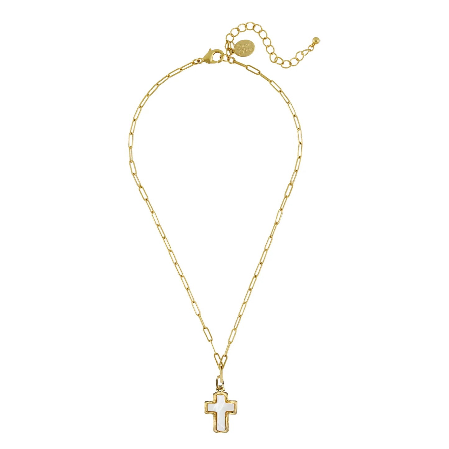 Small Mother of Pearl Cross Paperclip Necklace