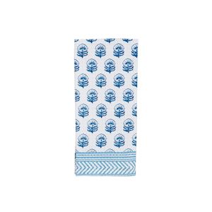 Waffle weave hand towel with contrast pattern edge.