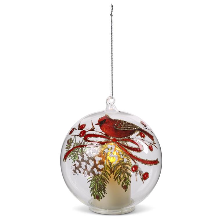 3.5 Inch LED Clear Glass Cardinal & Pinecone Ornament