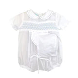 White with Blue Smocking Romper/Hat