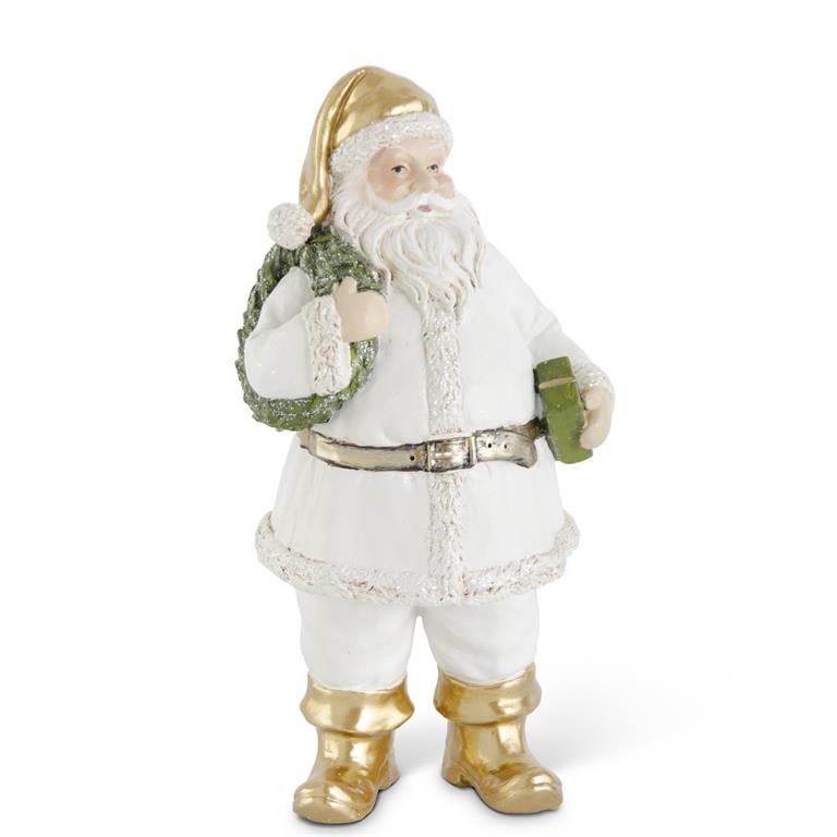 white/ gold resin santa with wreath and package