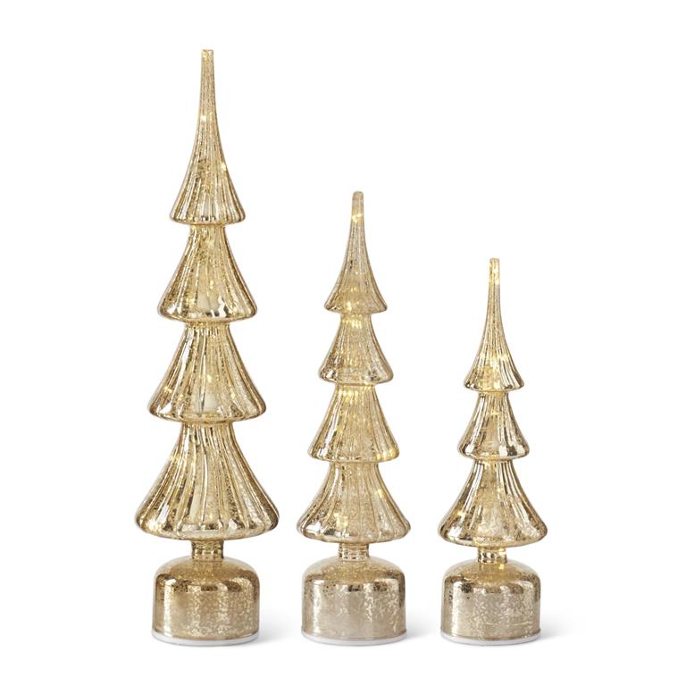 Set of 3 Rotating Ribbed Gold Mercury Glass LED Tree
