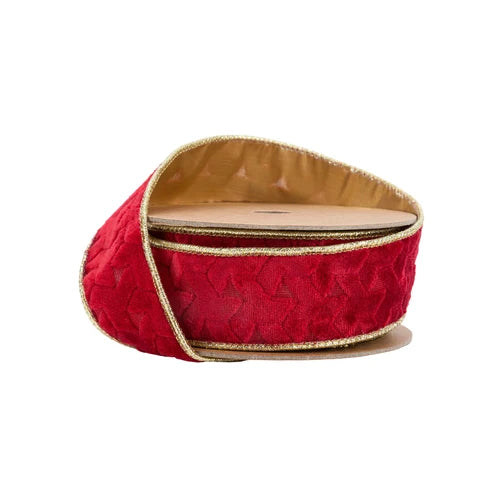 1 1/2" Wired Premium Velvet Ribbon | Red w/ Gold Metallic Backing | 10 Yard Roll