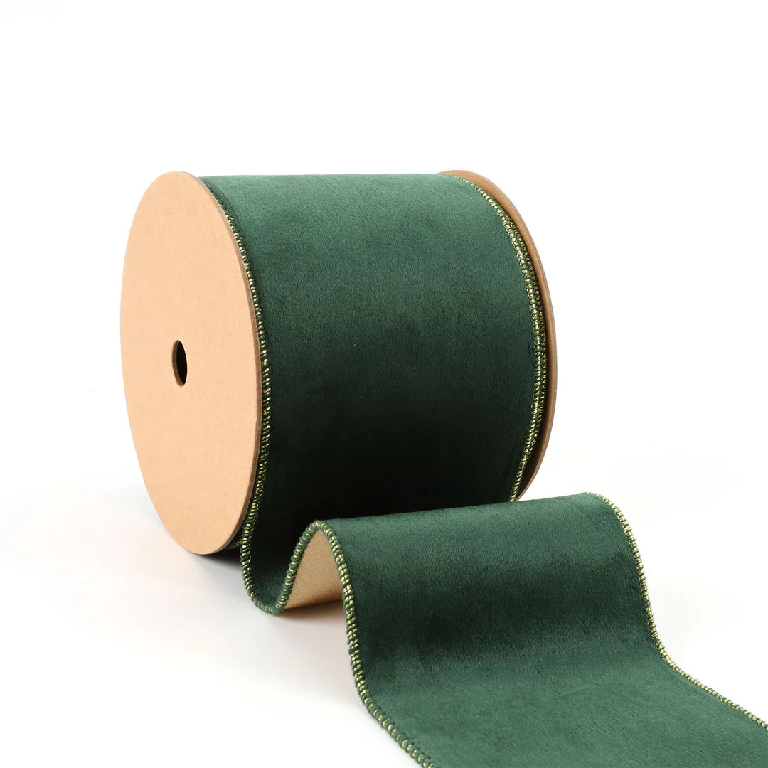 4" Reversible Velvet/Shimmer Spruce/Pale Gold Ribbon 10 yard