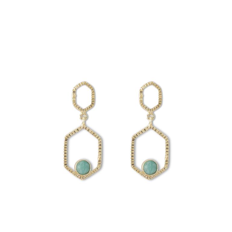 Green Amazonite Gold Hexagon Stone Earrings