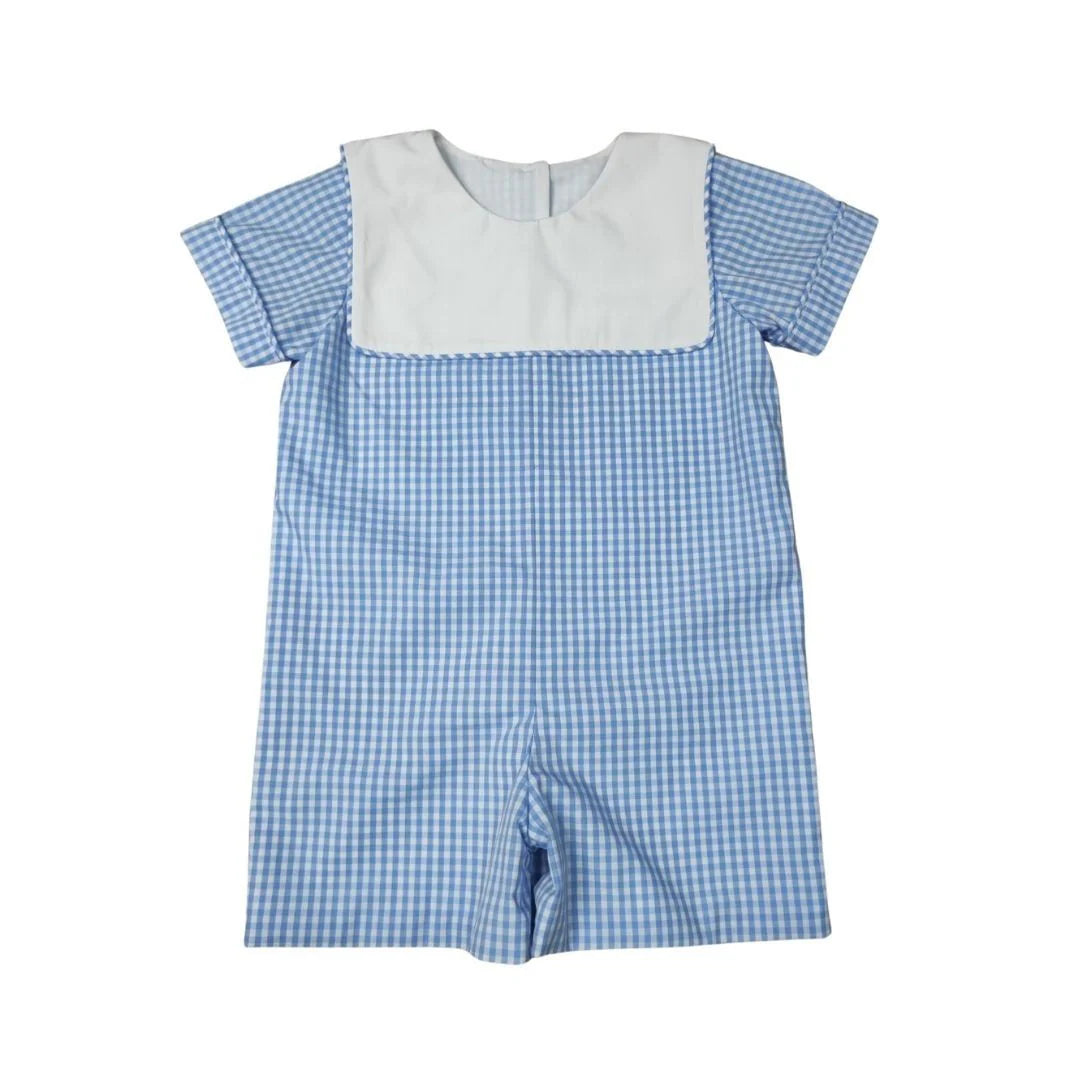 Boys Blue Check Short Basic Romper White Square Collar