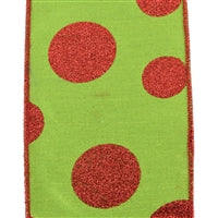 Apple Green Faux Dupioni Ribbon w/ Red Glitter Dots 4" x 10yd