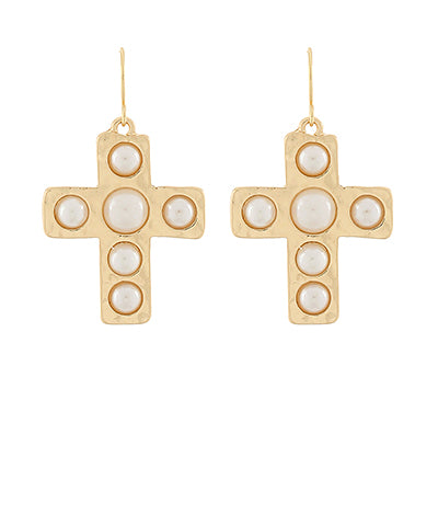 Cream / Gold Cross Earring