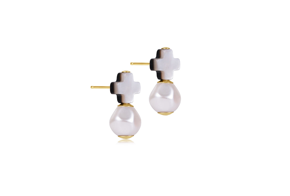 Signature Cross Mother Of Pearl - Black Tahitian Stud - Classic Pearl