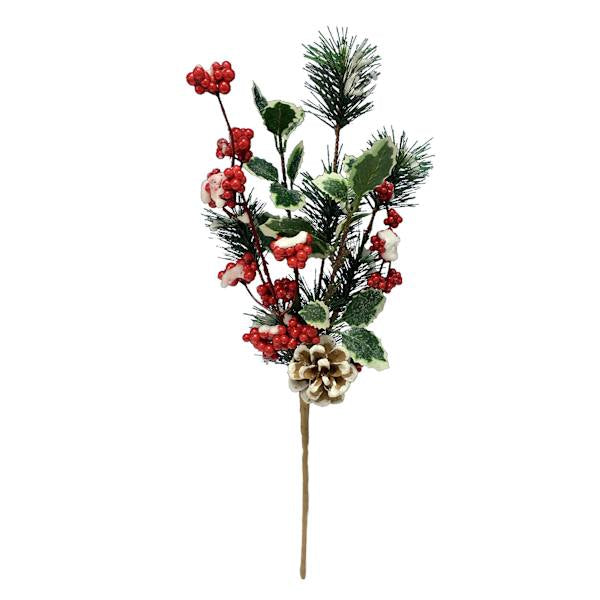 Red Berry, Holly & Snow Pine Pick, 14"