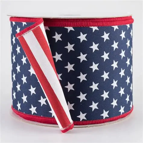 4"X10YD WIRED RIBBON STARS/STRIPES FUSED BACK