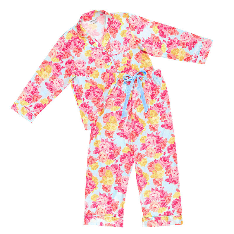 Long Sleeve Top + Capri Pant PJ Set with Velvet Tie - Blue + Rose Floral