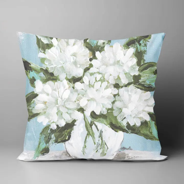 White Hydrangeas Blue Pillow