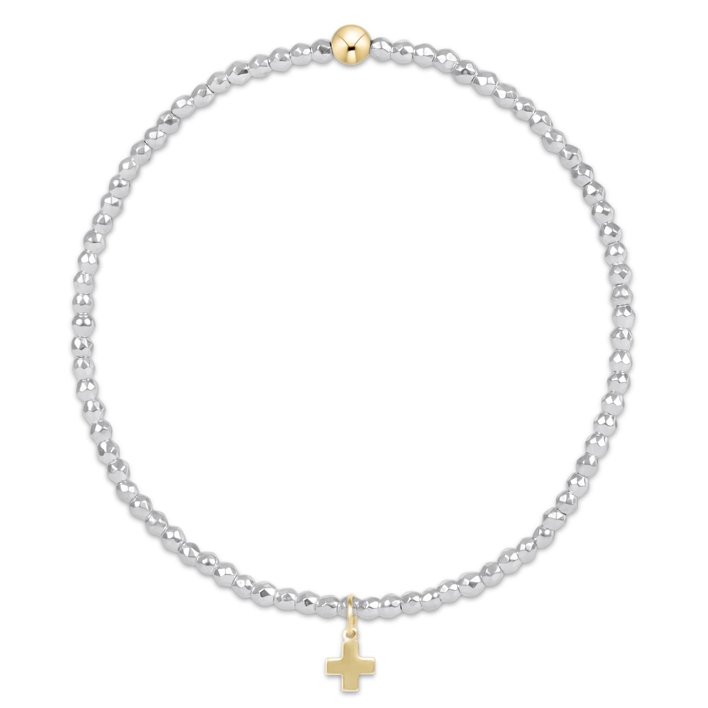 extends bright silver faceted hematite 2mm bead bracelet - signature cross gold charm