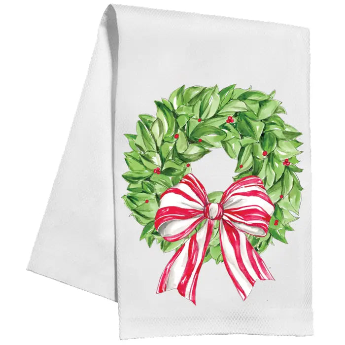 Christmas Wreath Berries and Red Striped Bow Tea Towel