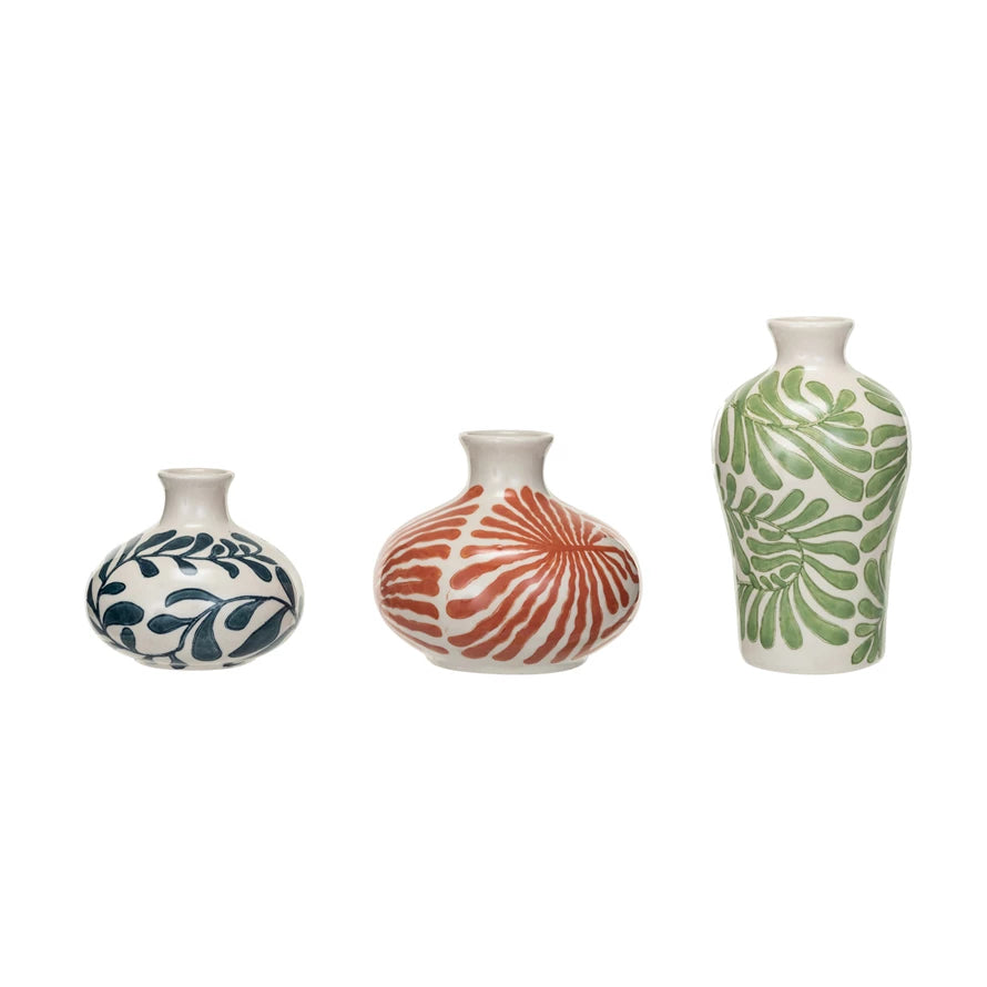 Hand-Painted Stoneware Vases w/ Abstract Designs Assorted