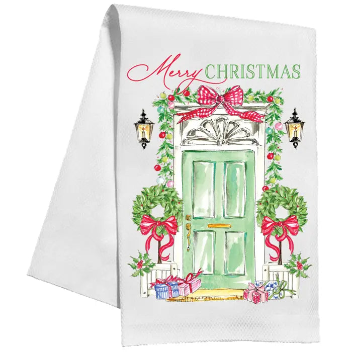 Merry Christmas Front Door Holly Topiary Tea Towel