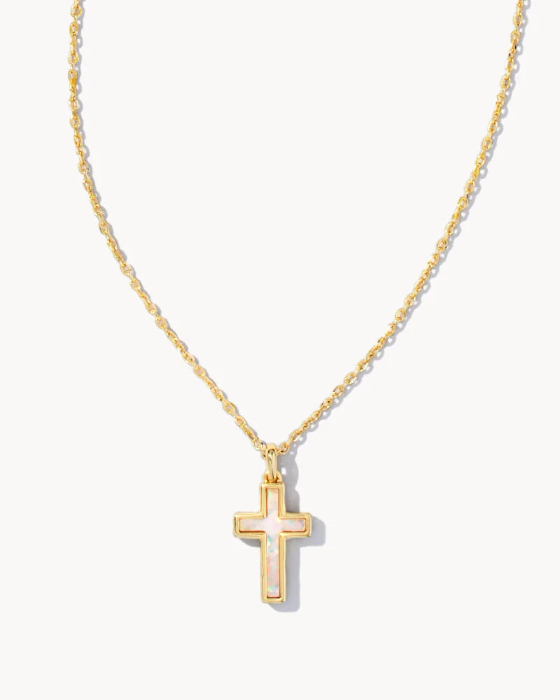 Cross Pendent Necklace Gold White Opal