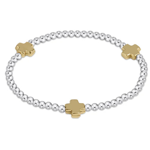 Signature cross sterling mixed metal pattern 3mm bead bracelet- gold