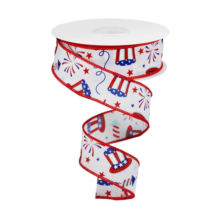 1.5" X 10yd Wired Uncle Sam / Fireworks / Royal Ribbon - White / Red / Blue