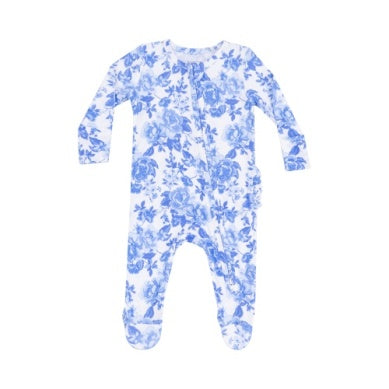 Roses In Blue 2 Way Zipper Ruffle Back Footie