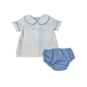 BOYS WHITE BLUE CHECK SIDE BUTTON PETER PAN COLLAR DIAPER SET