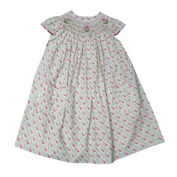 RLS TULIP FLORAL PRINT FABRIC W/ 3 SMOCKED TULIPS AW BISHOP DRESS