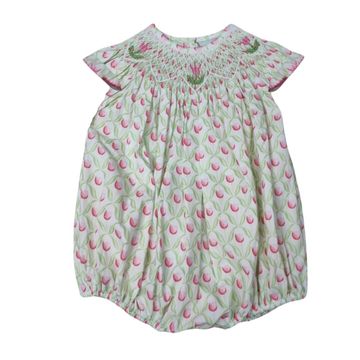GIRLS TULIP FLORAL PRINT FABRIC W/ 3 SMOCKED TULIPS AW BISHOP BUBBLE