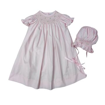 Girls Pink Rossette Smocked Daygown & Bonnet