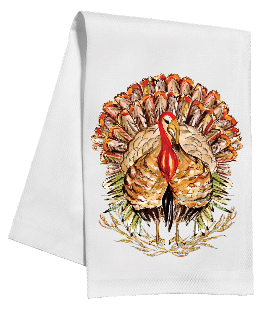Handpainted Standing Turkey with Fall Foliage Tea Towel