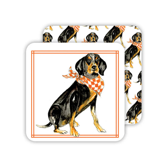 Square Coaster - Coonhound with Orange & White Bandana