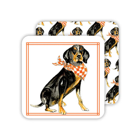 Square Coaster - Coonhound with Orange & White Bandana