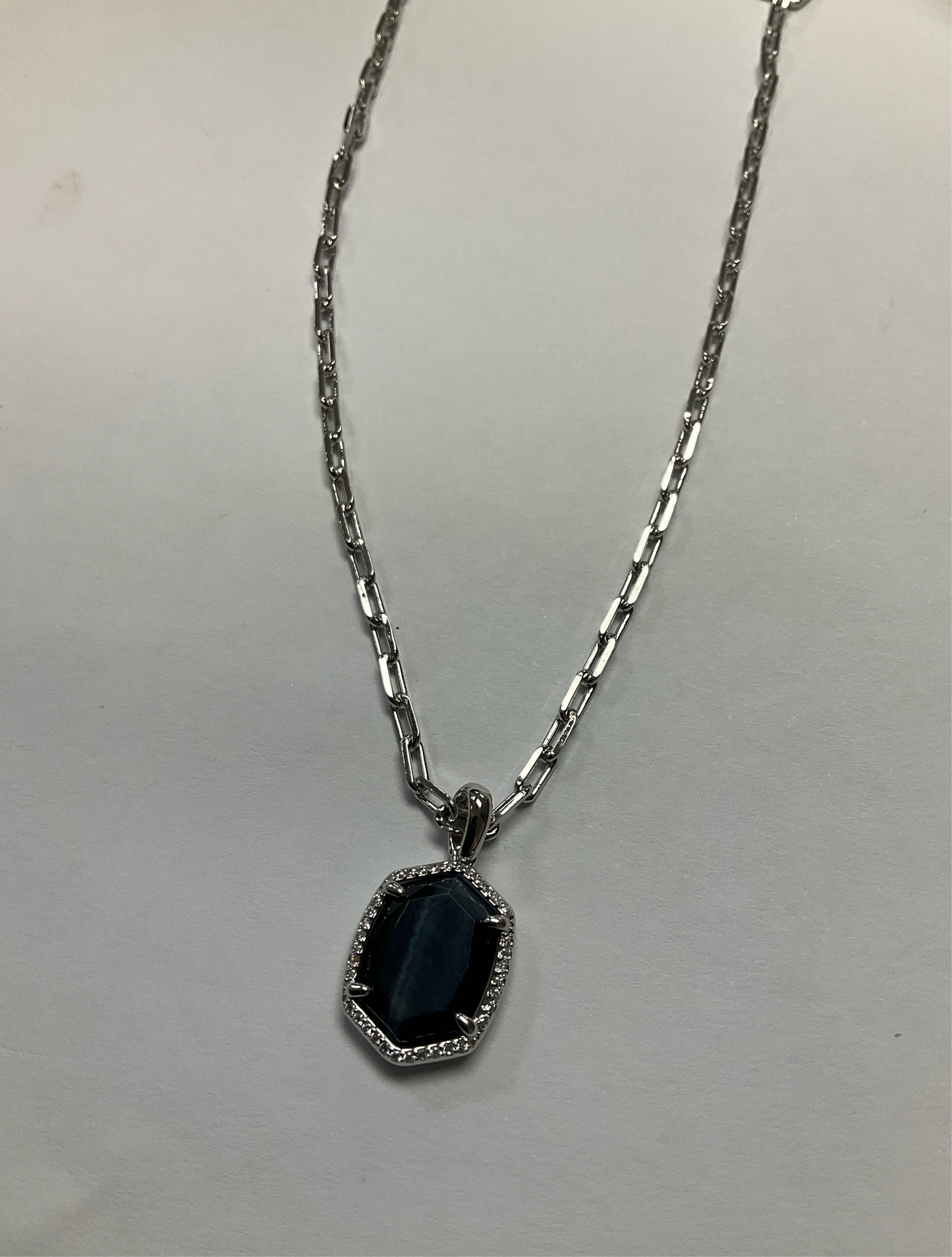 Daphne Pave Frame Pendant Necklace Rhodium Navy Tigers Eye
