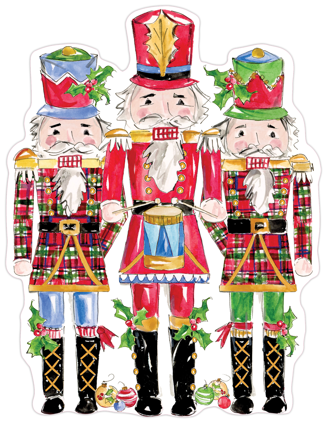 Posh Die-Cut Placemat-Handpainted Red and Green Plaid Nutcracker Trio