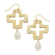 Gold Open Cross Earrings with Pearl