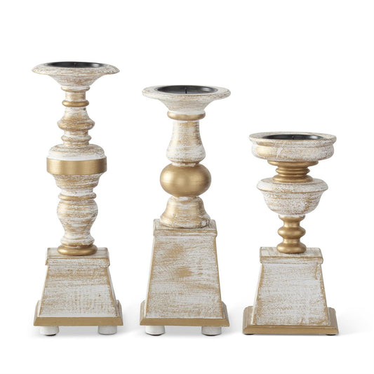 Set of 3 Whitewashed Gold Wood Candleholders