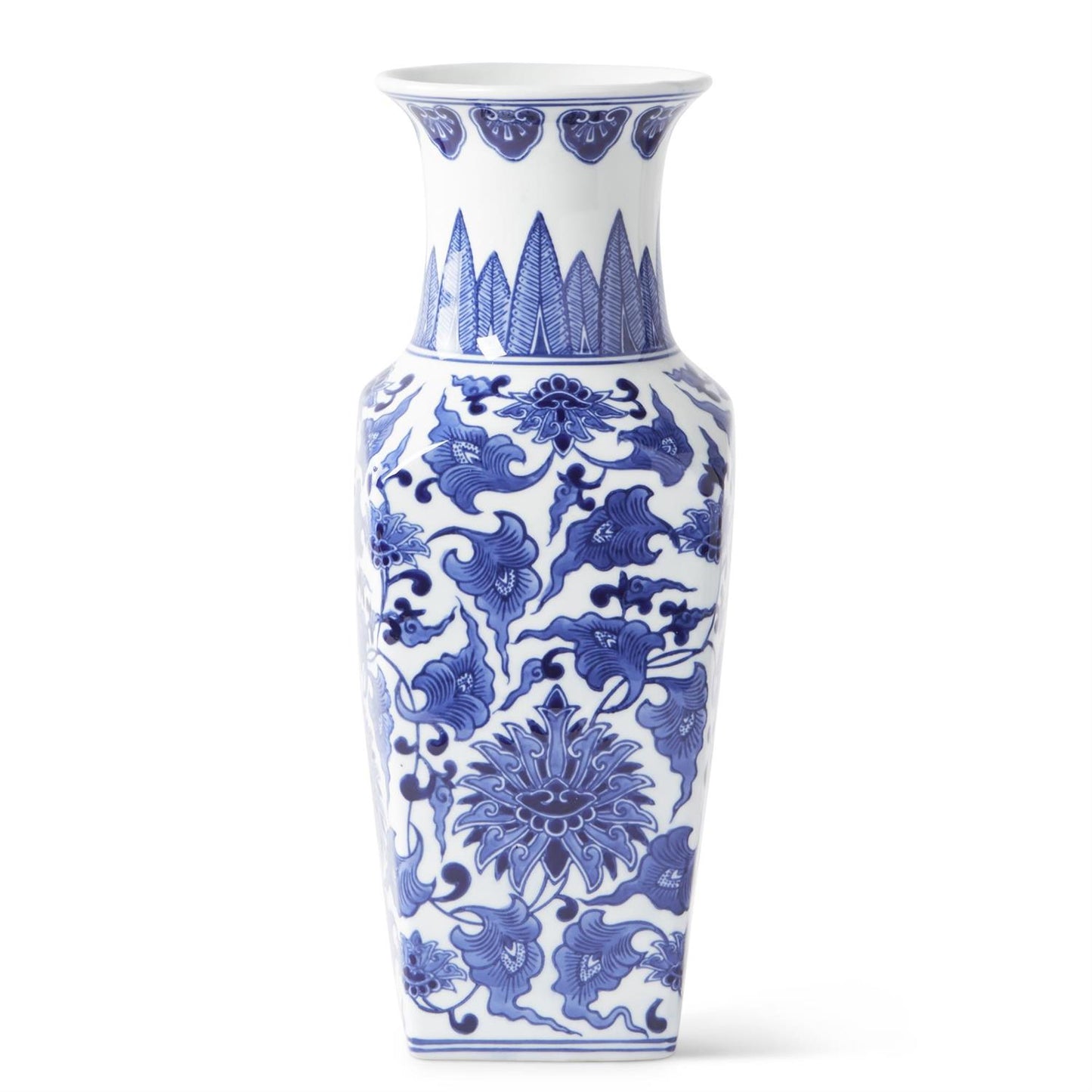 14in Ceramic Blue & White Chinoiserie Square Vase