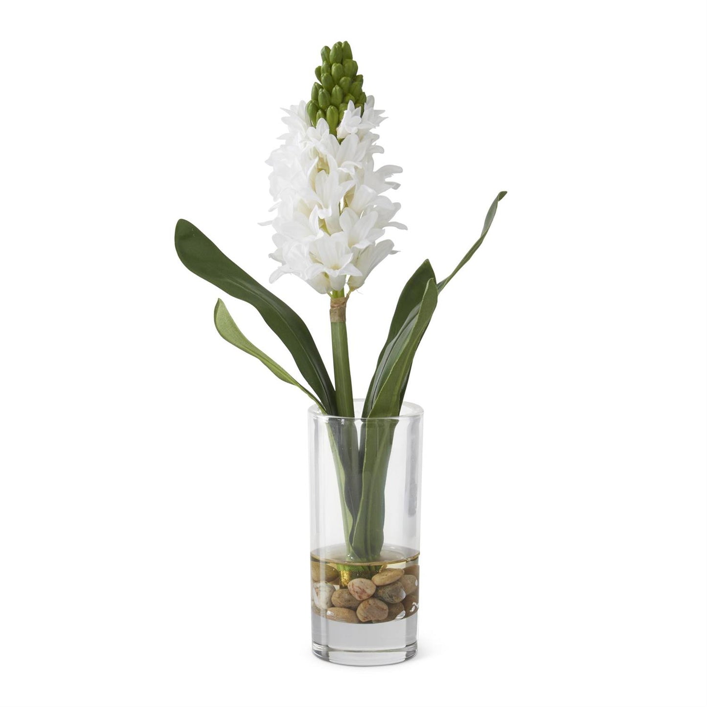 14.25 Inch White Hyacinth Premade In Glass Vase w/Pebbles & Faux Water