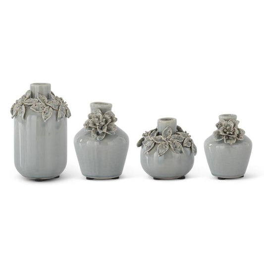 Blue Ceramic Vases w/Raised Flowers