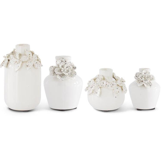 White Ceramic Vases w/Raised Flowers